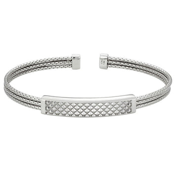 Rhodium Finished Sterling Silver Multi Cable Cuff Bracelet with Central Plate with Wave Pattern